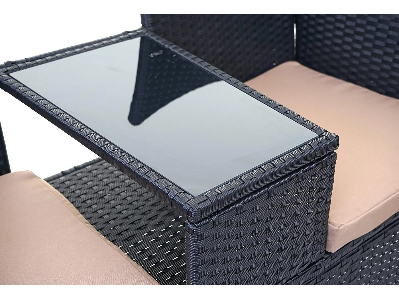 Poly-Rattan Sitzbank mit Tisch MCW-E24, Schwarz, Kissen creme