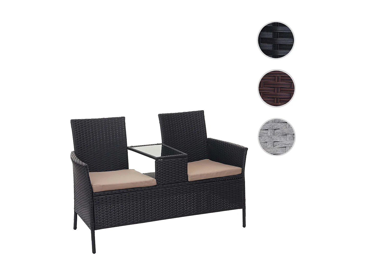 Polyrotan bank met tafel MCW-E24,  zwart, kussens crème