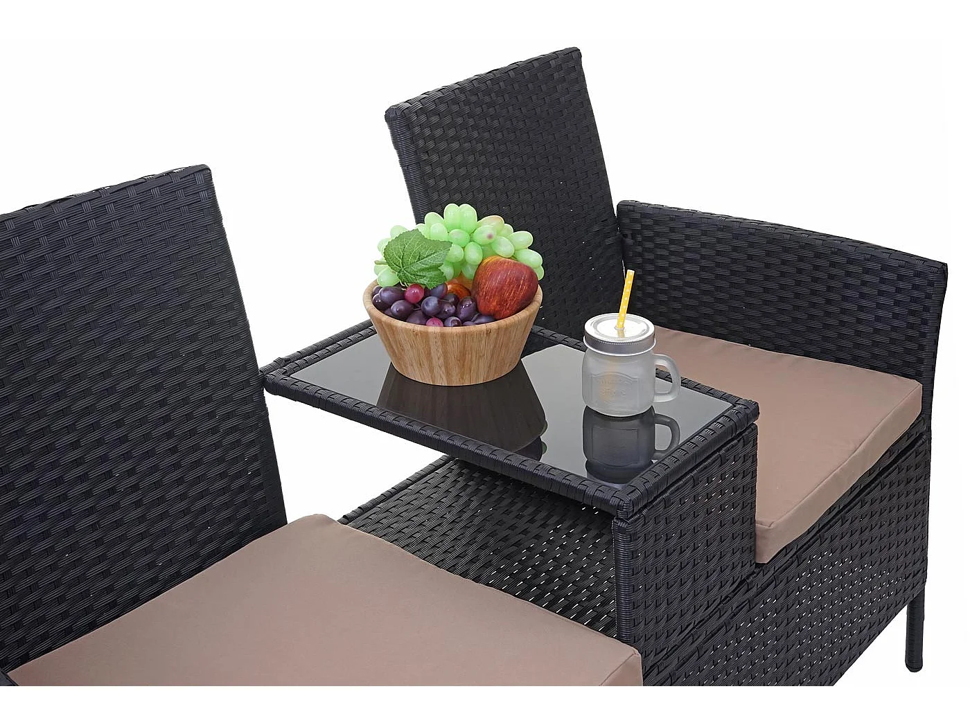 Polyrotan bank met tafel MCW-E24,  zwart, kussens crème