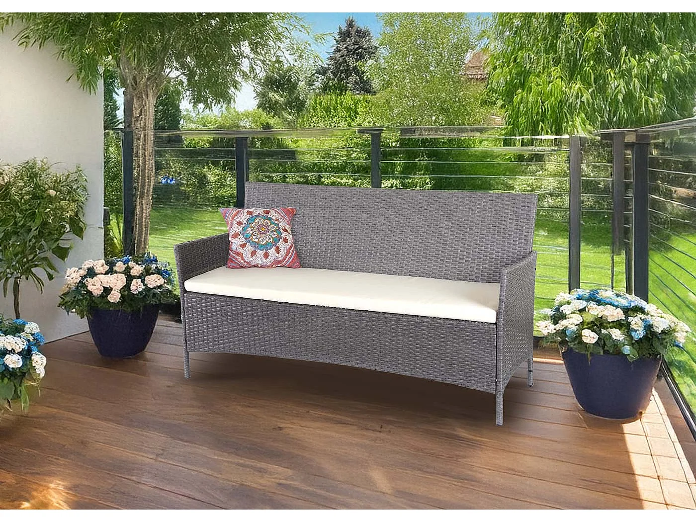 Divano sofa esterno giardino 3 posti Halden 154cm polyrattan grigio con cuscino avorio