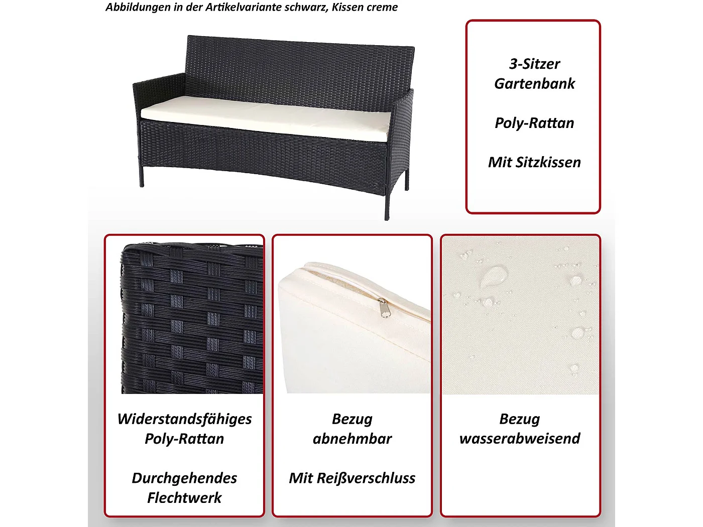 3-Sitzer Poly-Rattan Gartenbank Hamar, Grau, Kissen creme