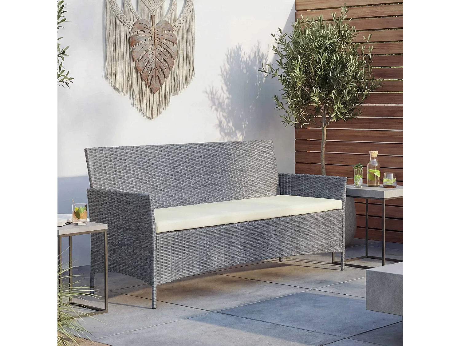 3-Sitzer Poly-Rattan Gartenbank Hamar, Grau, Kissen creme