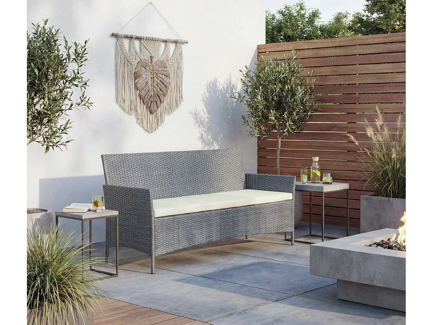 3-Sitzer Poly-Rattan Gartenbank Hamar, Grau, Kissen creme