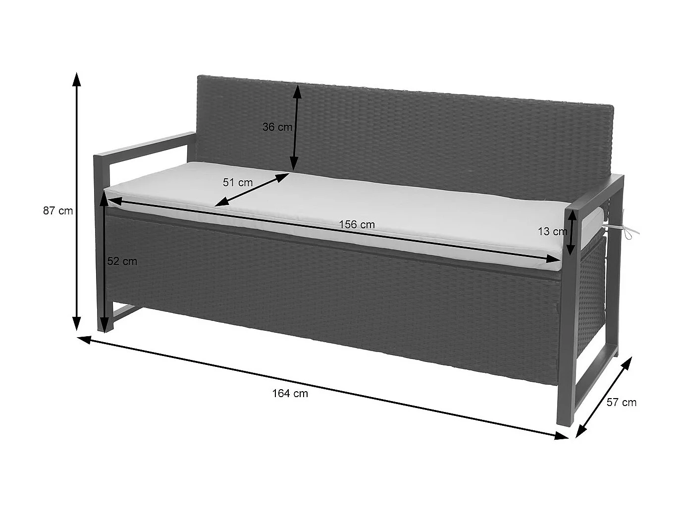 Polyrotan driezitsbank MCW-F39,  grijs, kussens grijs
