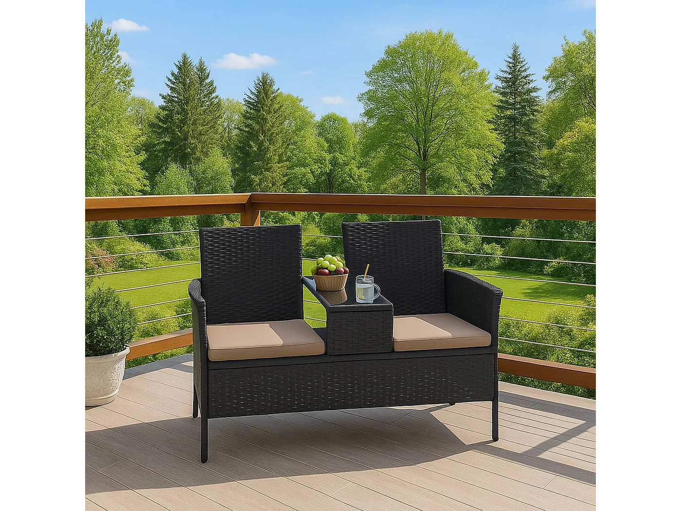Poly-Rattan Sitzbank mit Tisch MCW-E24, Schwarz, Kissen dunkelgrau