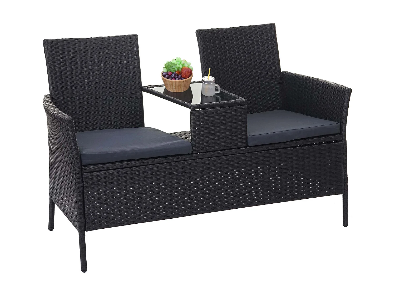 Polyrotan bank met tafel MCW-E24,  zwart, donkergrijze kussens