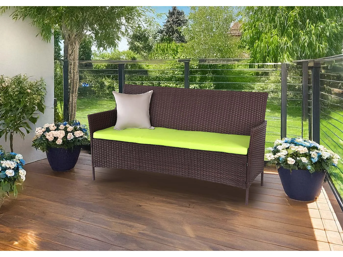 Divano sofa esterno giardino 3 posti Halden 154cm polyrattan marrone con cuscino verde