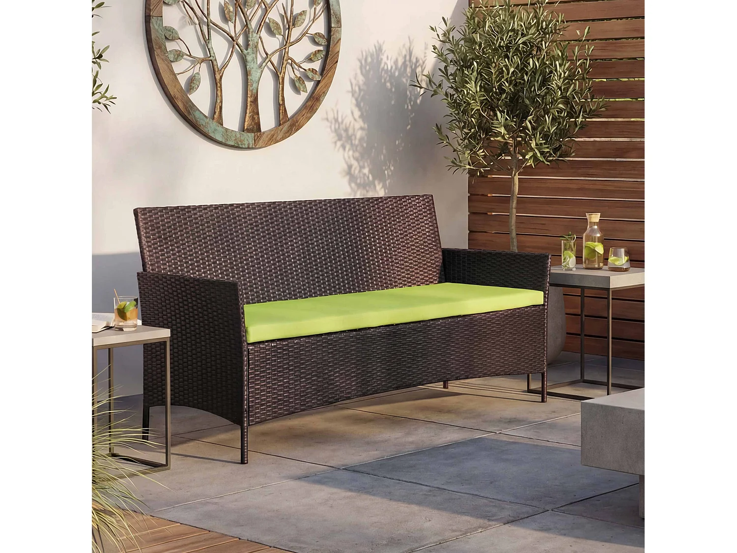 3-Sitzer Poly-Rattan Gartenbank Hamar, Braun-meliert, Kissen grün