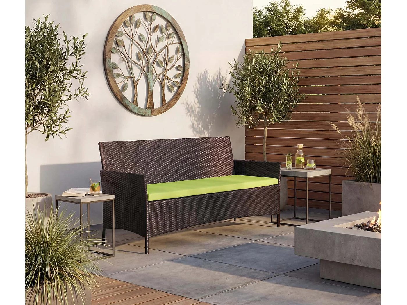 3-Sitzer Poly-Rattan Gartenbank Hamar, Braun-meliert, Kissen grün