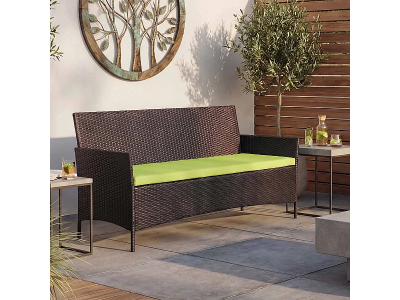 3-osobowa ławka ogrodowa z rattanu syntetycznego Hamar,  brązowo-melanżowa, poduszki zielone
