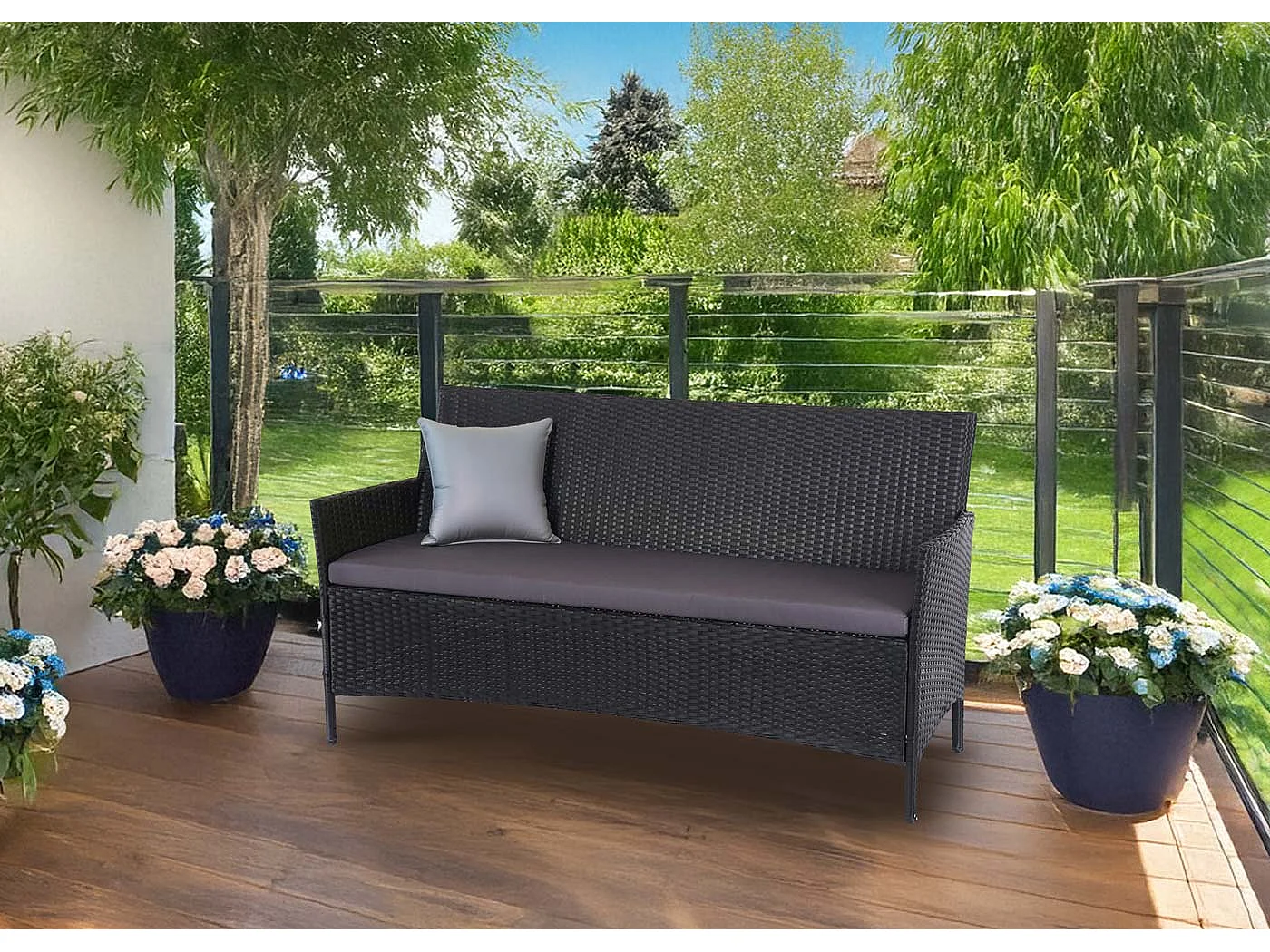 3-osobowa ławka ogrodowa z polirattanu Hamar,  antracyt, antracytowe poduszki