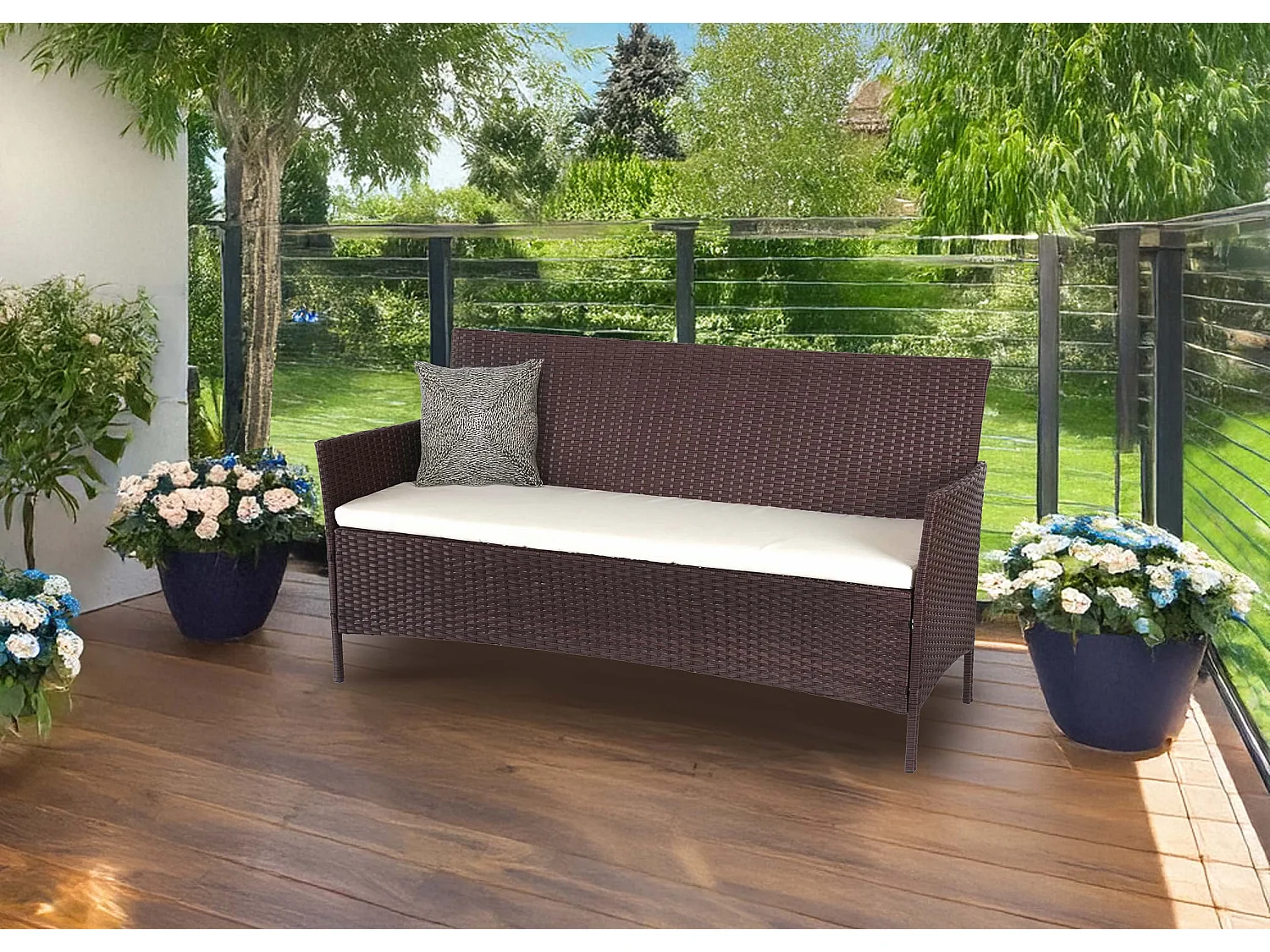 3-zits polyrotan tuinbank Hamar,  bruin-gemarmerd, kussens crème