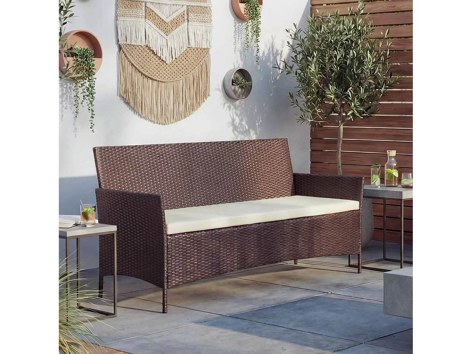3-Sitzer Poly-Rattan Gartenbank Hamar, Braun-meliert, Kissen creme
