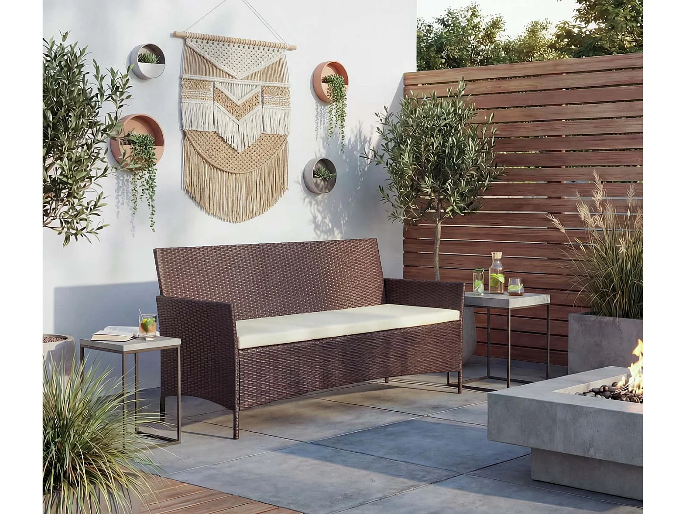 3-Sitzer Poly-Rattan Gartenbank Hamar, Braun-meliert, Kissen creme