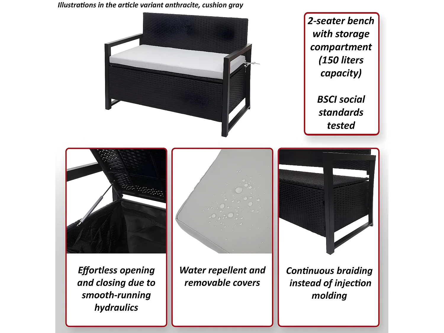 Polyrotan 2-zitsbank MCW-F39,  grijs-gemêleerd, kussens groen