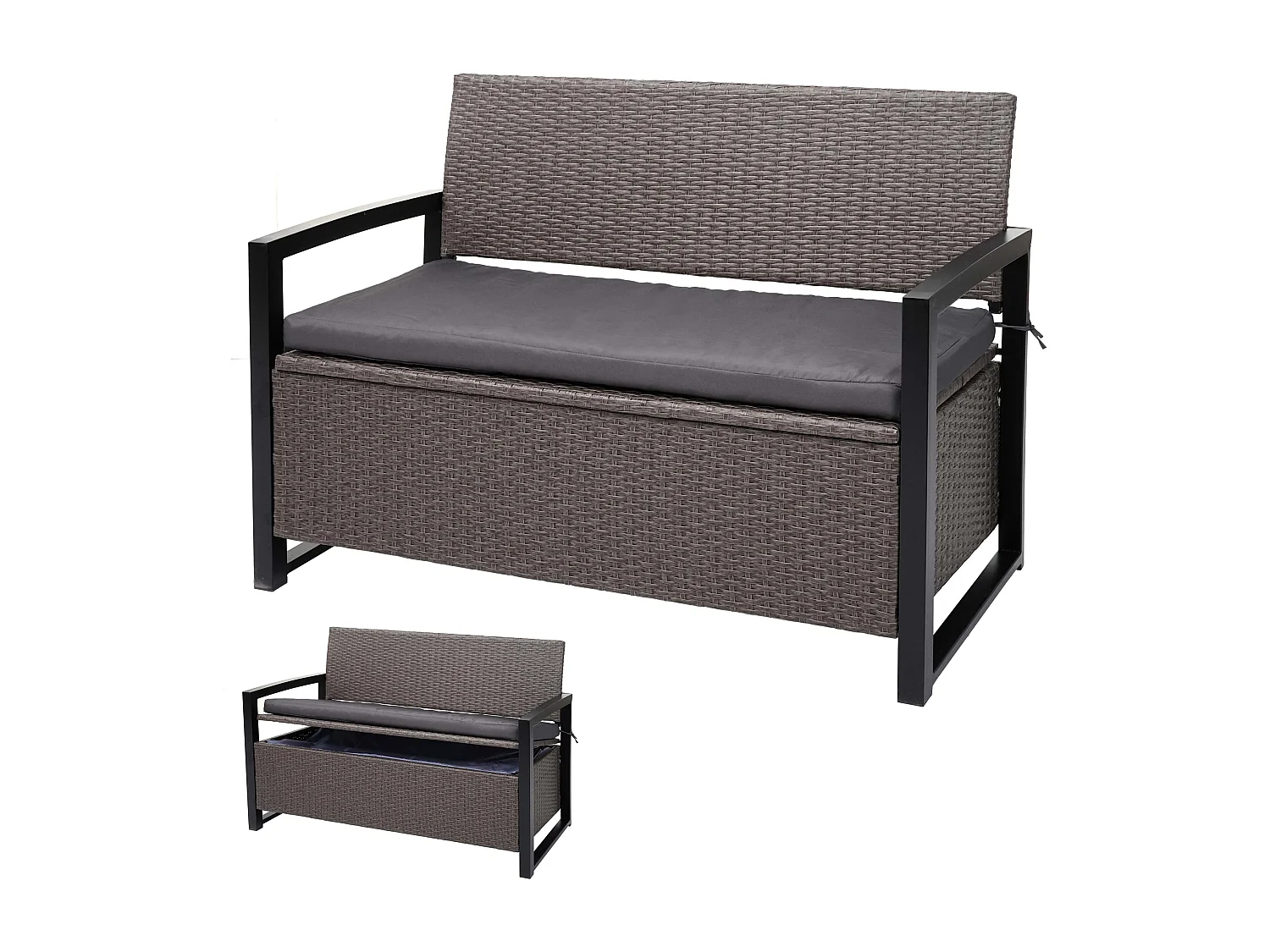 Poly-Rattan 2er Sitzbank MCW-F39, Grau-meliert, Kissen grau