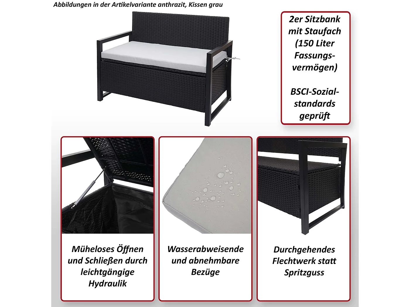 Poly-Rattan 2er Sitzbank MCW-F39, Grau-meliert, Kissen grau