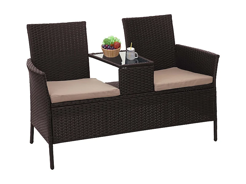 Divano sofa per l'esterno doppia seduta portavivande MCW-E24 polyrattan marrone cuscini avorio