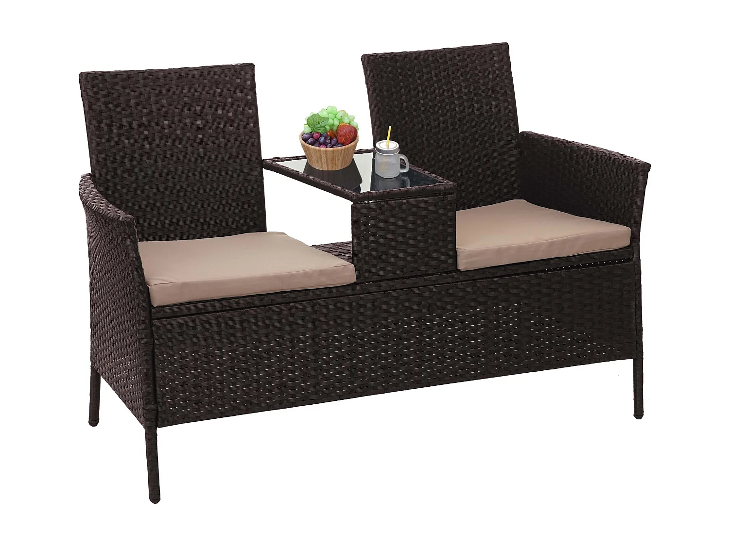 Divano sofa per l'esterno doppia seduta portavivande MCW-E24 polyrattan marrone cuscini avorio
