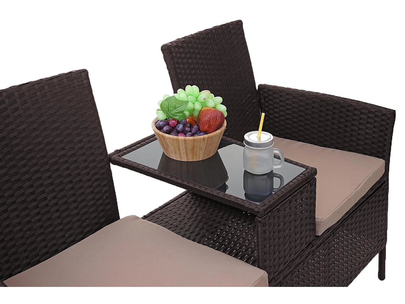 Divano sofa per l'esterno doppia seduta portavivande MCW-E24 polyrattan marrone cuscini avorio