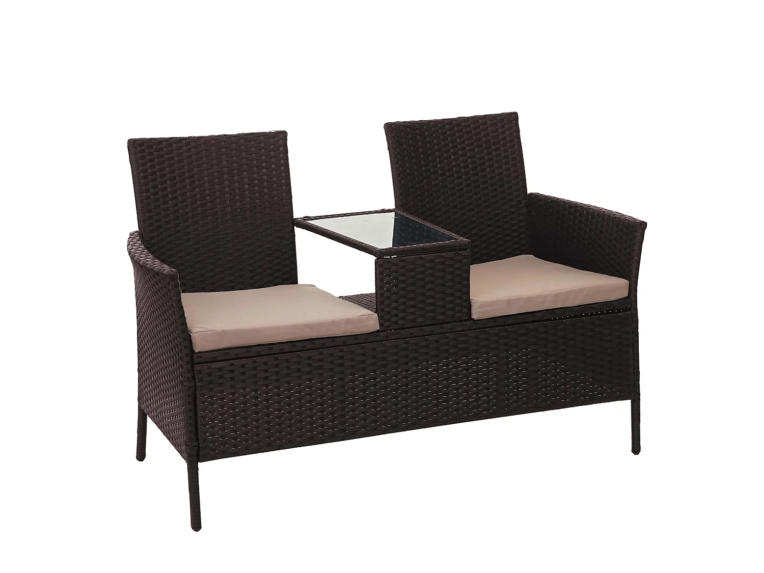 Ławka z polirattanowa MCW-E24,  brązowa, poduszki w kolorze kremowym