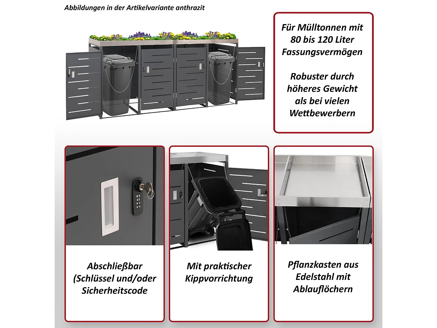4x copribidoni box spazzatura rifiuti MCW-H40 84x264x125cm acciaio zincato