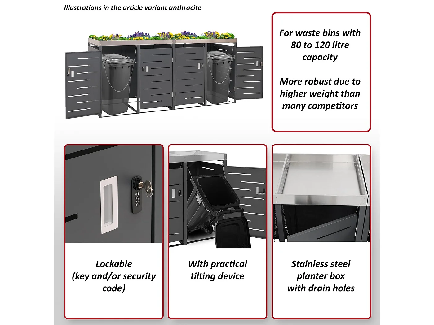 4x copribidoni box spazzatura rifiuti MCW-H40 84x264x125cm acciaio zincato