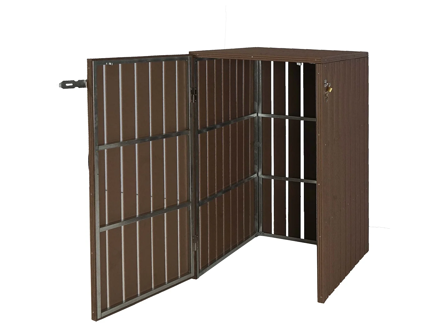 Copribidone box spazzatura rifiuti MCW-J28 82x66x116cm acciaio WPC ~ marrone