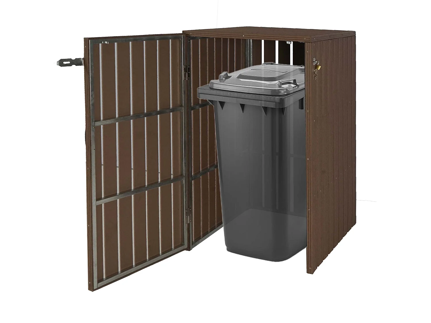 Copribidone box spazzatura rifiuti MCW-J28 82x66x116cm acciaio WPC ~ marrone