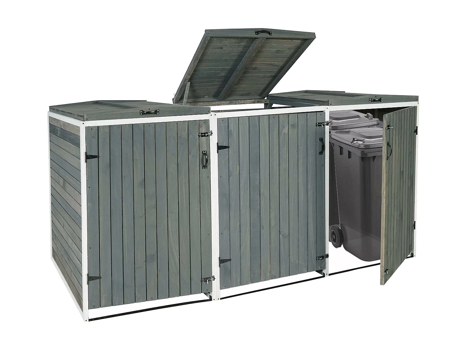 3x copribidoni box spazzatura rifiuti MCW-H74 98x238x126cm legno abete grigio bianco