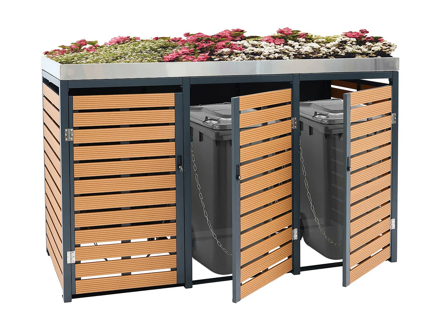 3x copribidoni box spazzatura rifiuti con fioriera MCW-K14 84x200x124cm metallo WPC teak