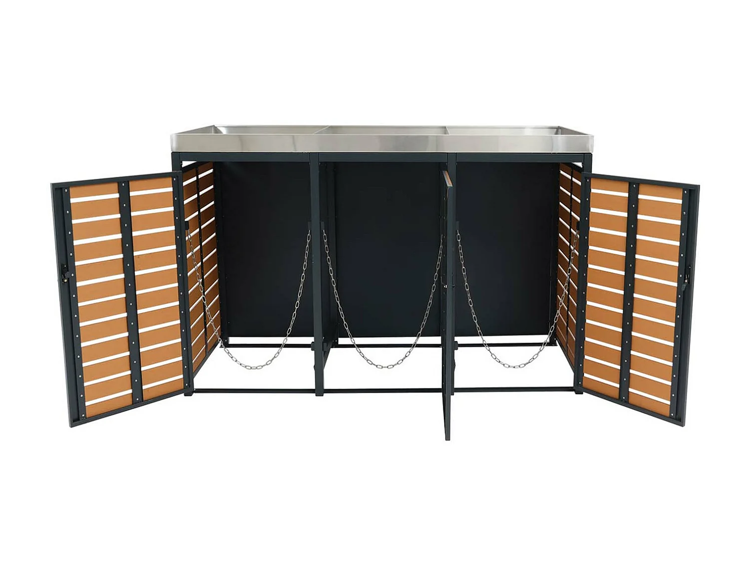 3x copribidoni box spazzatura rifiuti con fioriera MCW-K14 84x200x124cm metallo WPC teak