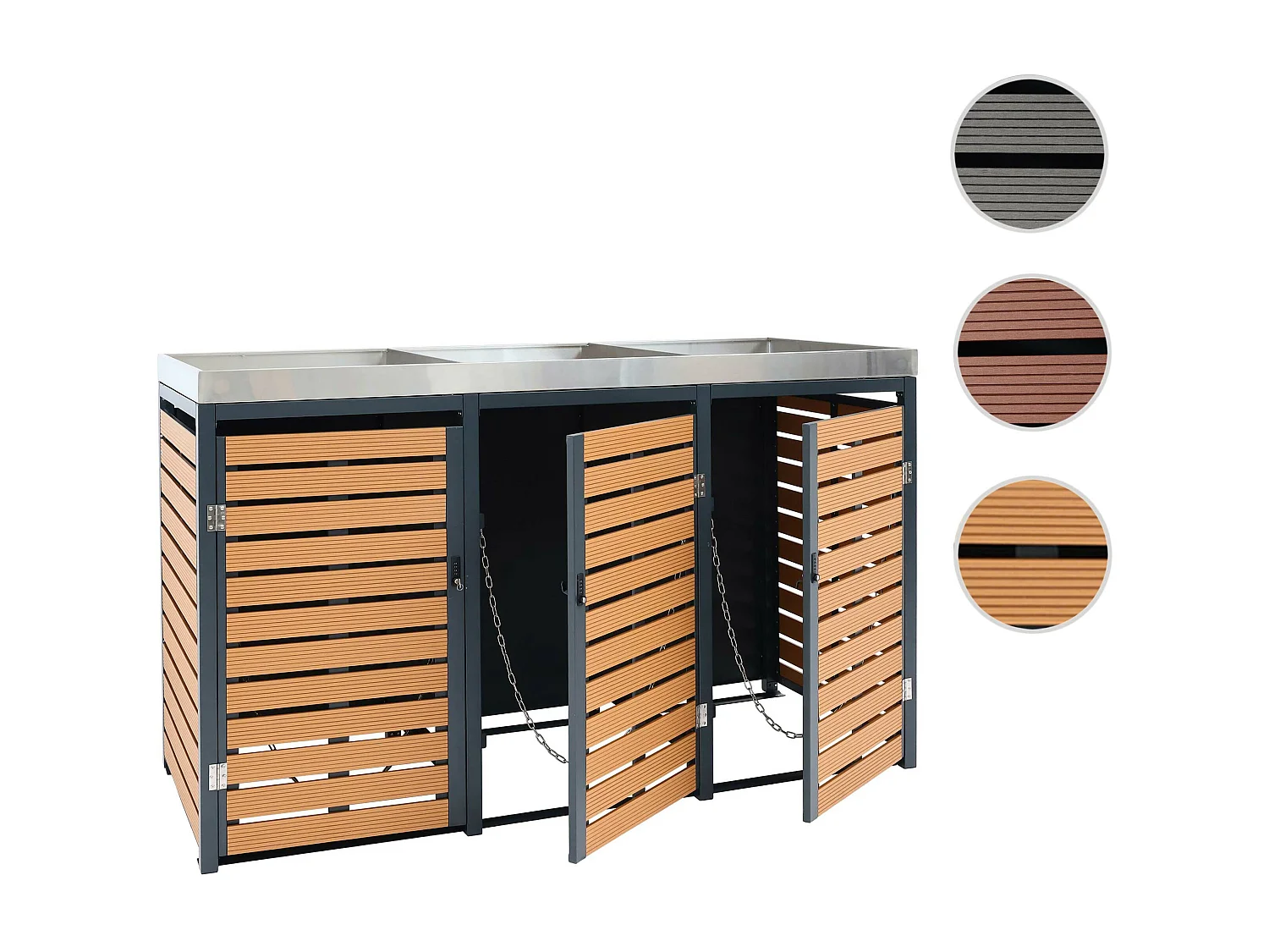 3x copribidoni box spazzatura rifiuti con fioriera MCW-K14 84x200x124cm metallo WPC teak