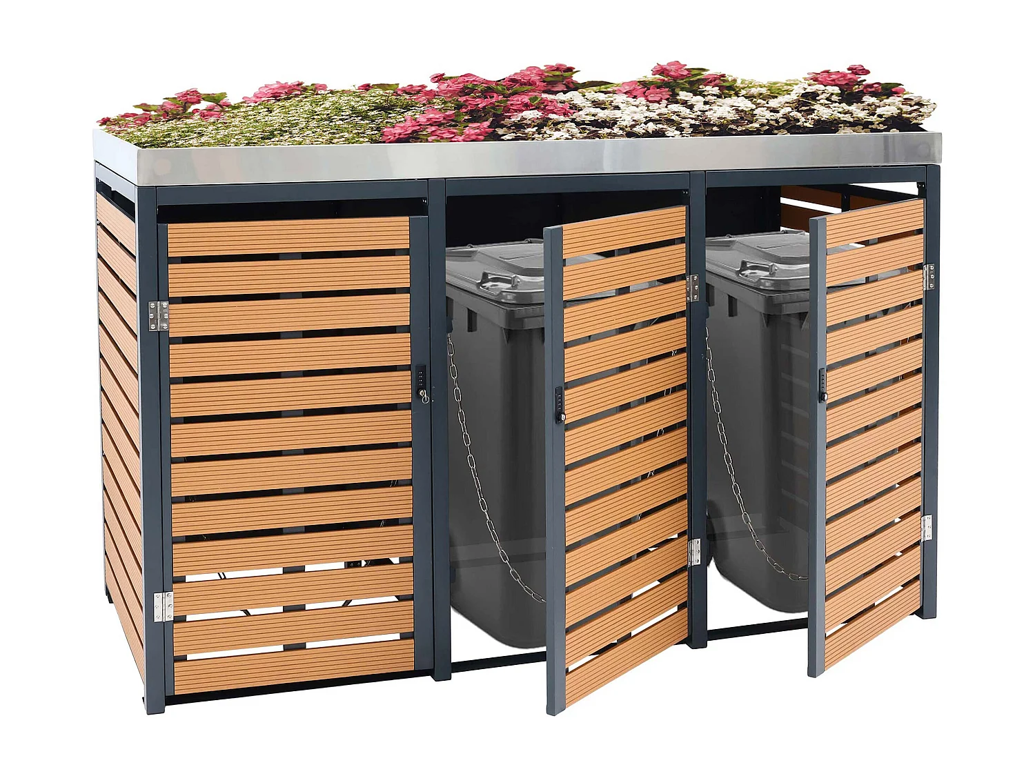 MCW-K14 3-bin waste bin enclosure,  teak-effect