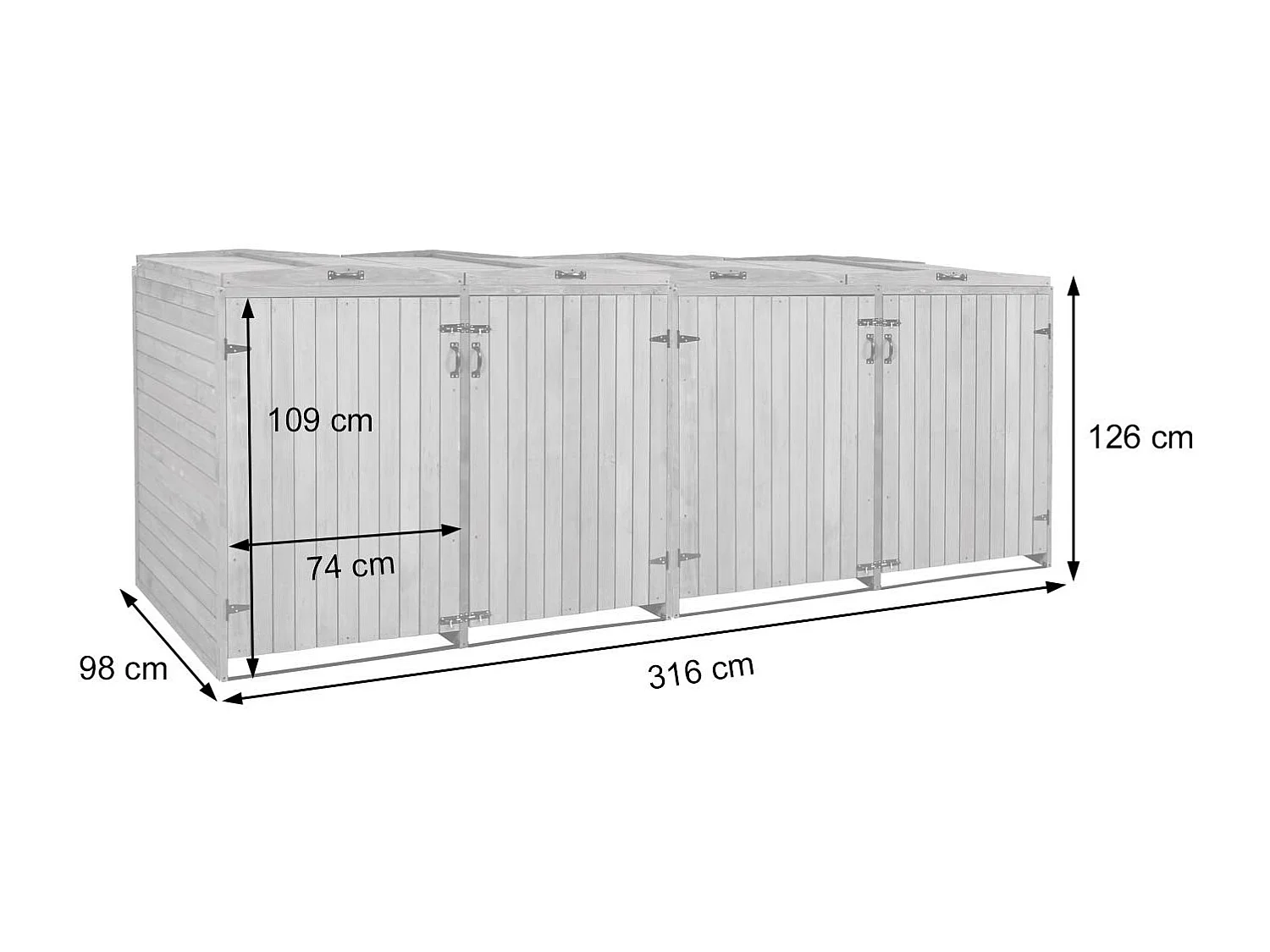 4x copribidoni box spazzatura rifiuti MCW-H74 98x316x126cm legno abete grigio bianco