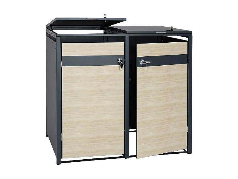 Set 2x copribidoni box spazzatura rifiuti MCW-J82 80x132x117cm acciaio inox antracite faggio