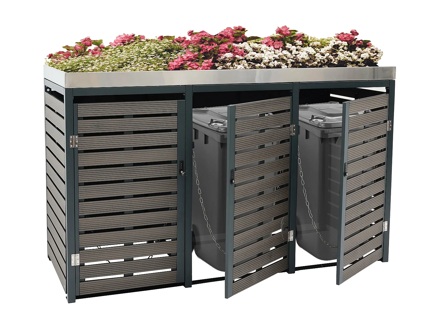 3x copribidoni box spazzatura rifiuti con fioriera MCW-K14 84x200x124cm metallo WPC antracite