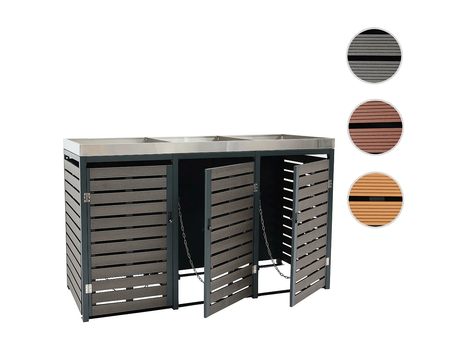 3x copribidoni box spazzatura rifiuti con fioriera MCW-K14 84x200x124cm metallo WPC antracite