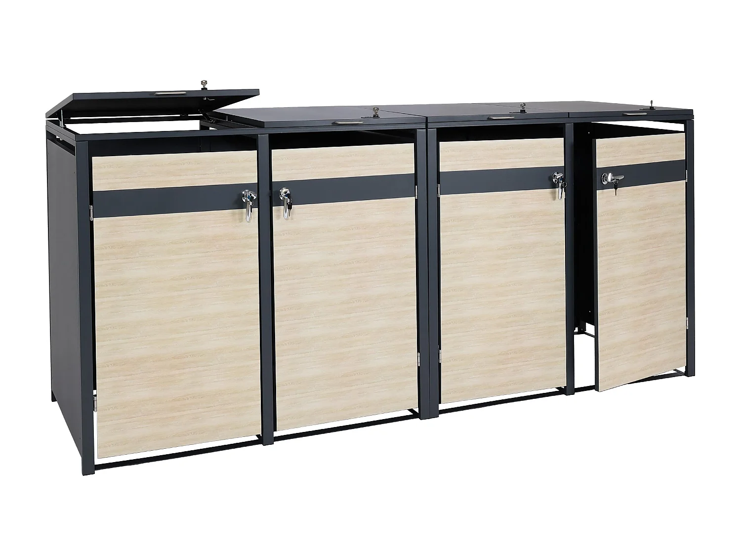 Set 4x copribidoni box spazzatura rifiuti MCW-J82 80x264x117cm acciaio inox antracite faggio