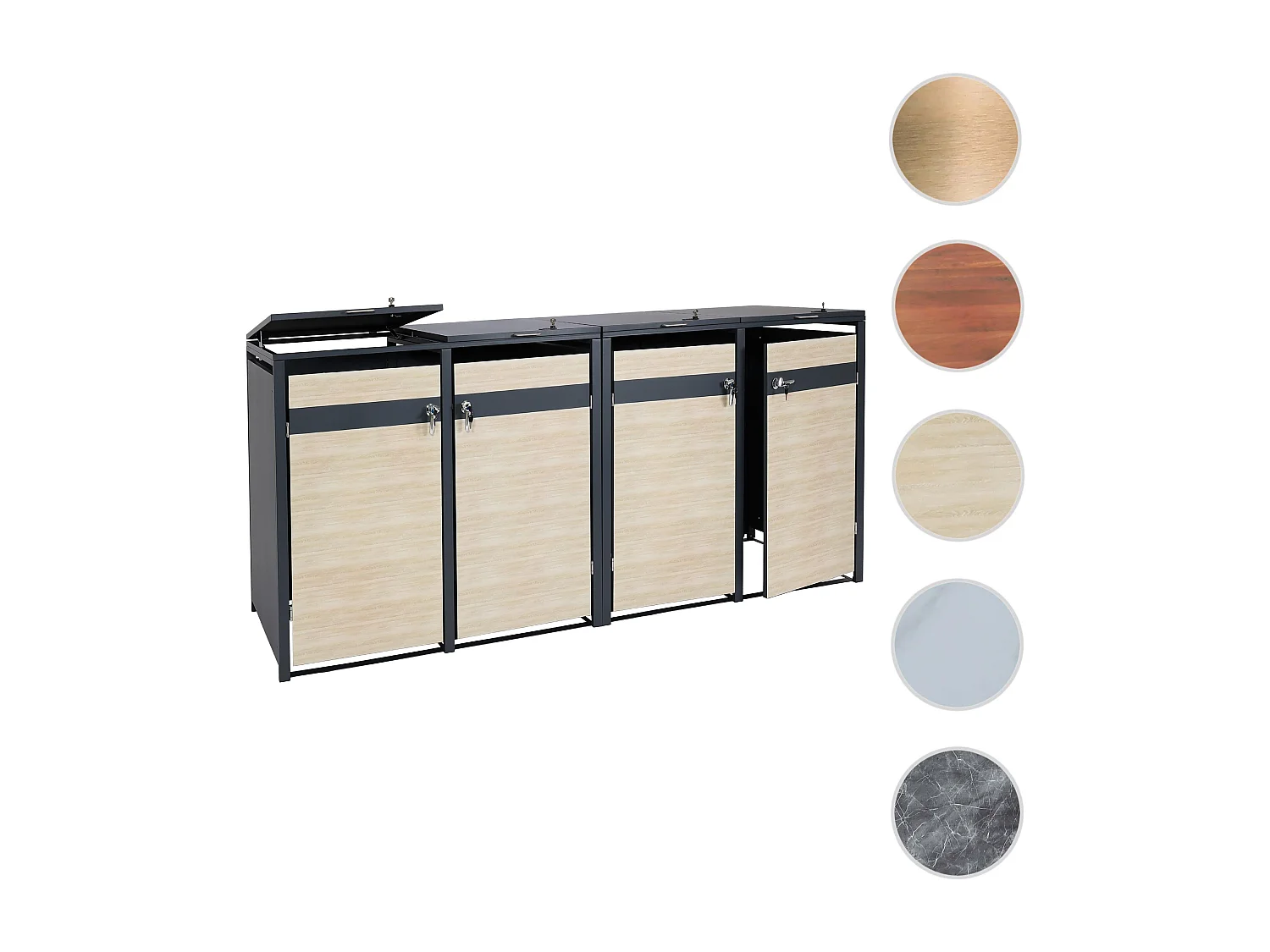 Set 4x copribidoni box spazzatura rifiuti MCW-J82 80x264x117cm acciaio inox antracite faggio