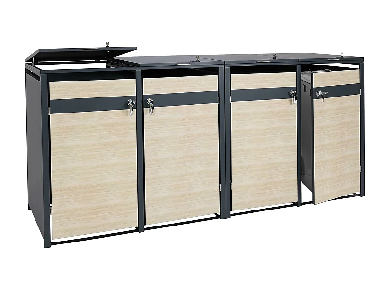 Set 4x copribidoni box spazzatura rifiuti MCW-J82 80x264x117cm acciaio inox antracite faggio