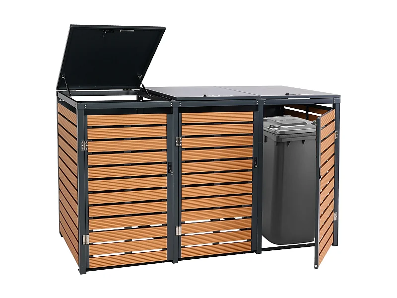 3x copribidoni box spazzatura rifiuti MCW-K14 84x205x119cm metallo WPC teak
