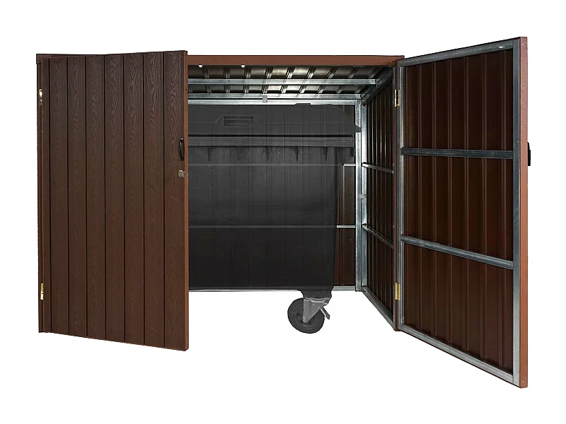 Copribidoni box spazzatura rifiuti MCW-J29, cassonetti bidoni 660-770L, metallo WPC 172x213x112cm ~ marrone