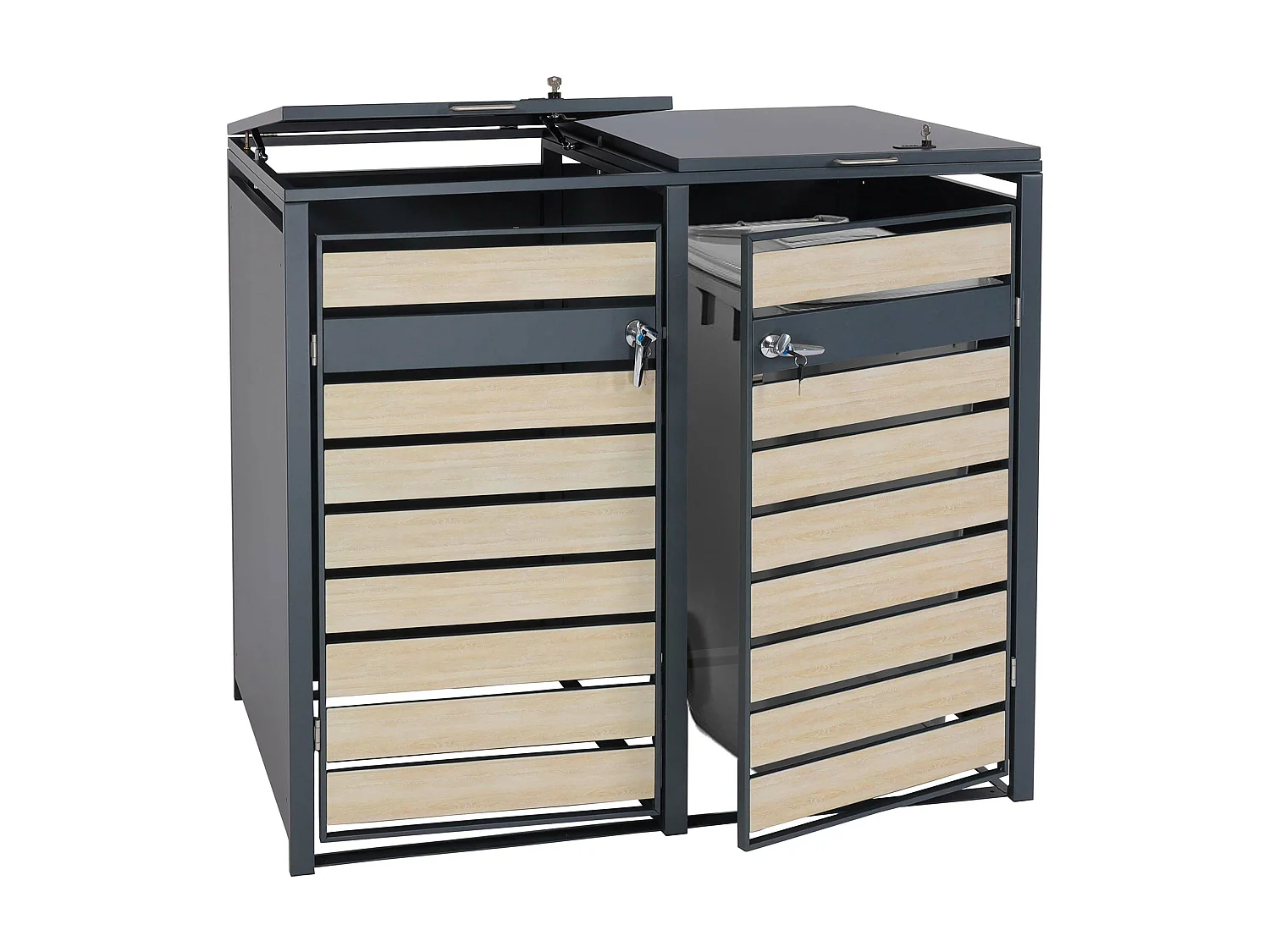 Set 2x copribidoni box spazzatura rifiuti MCW-J81 80x132x117cm acciaio inox antracite faggio