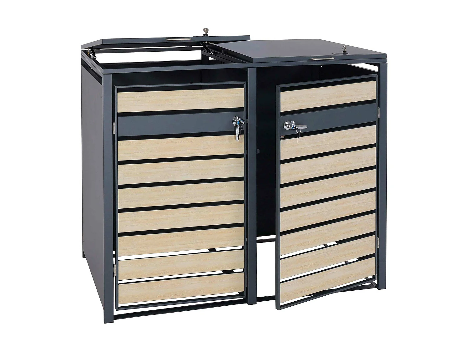 Set 2x copribidoni box spazzatura rifiuti MCW-J81 80x132x117cm acciaio inox antracite faggio