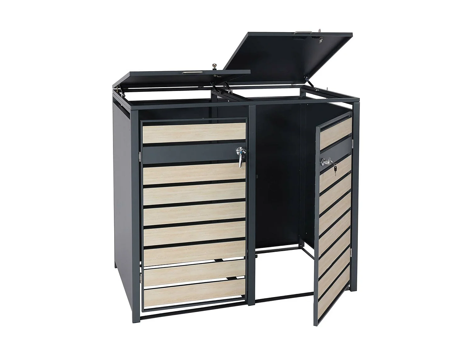 Set 2x copribidoni box spazzatura rifiuti MCW-J81 80x132x117cm acciaio inox antracite faggio