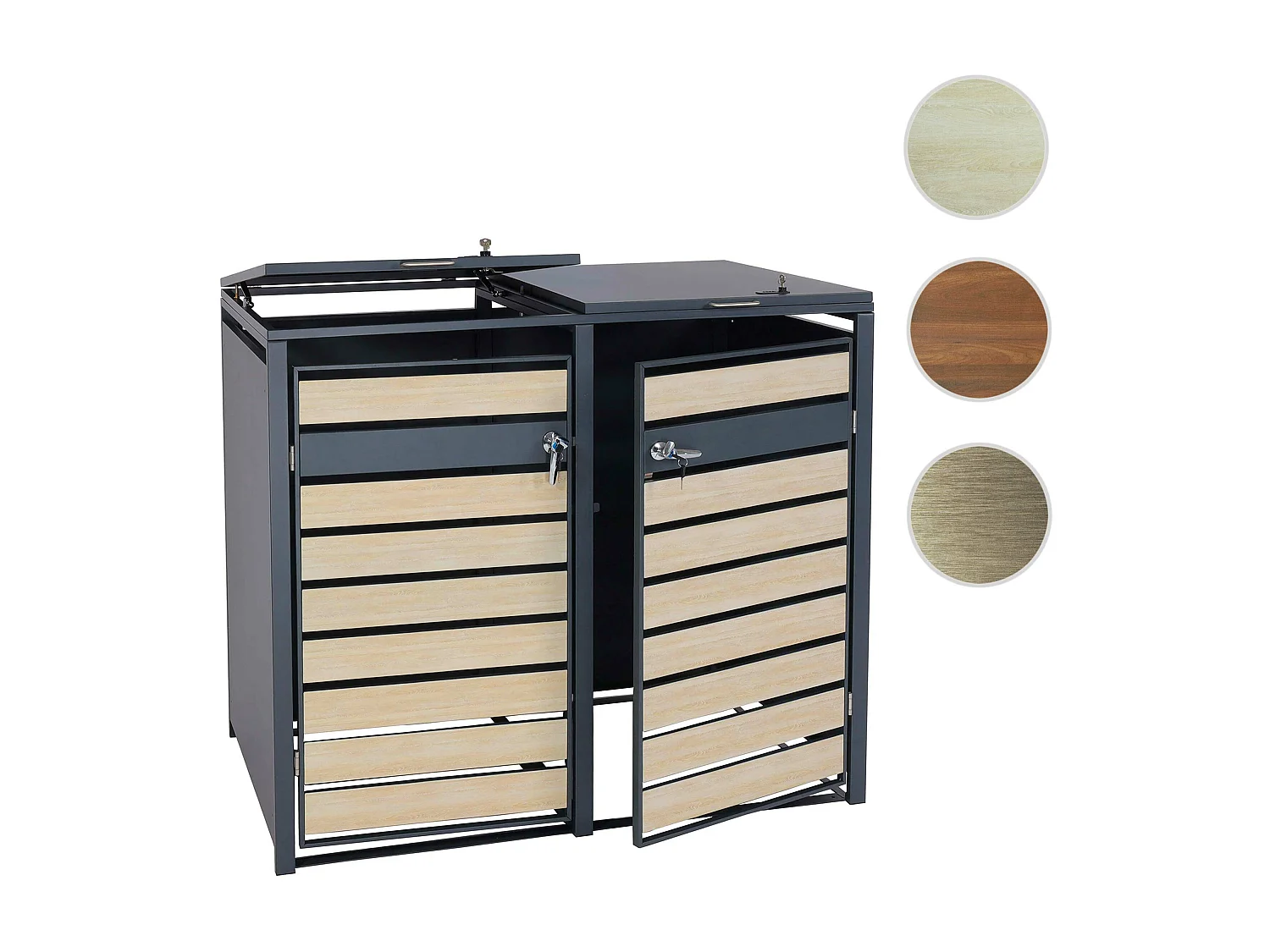 Set 2x copribidoni box spazzatura rifiuti MCW-J81 80x132x117cm acciaio inox antracite faggio