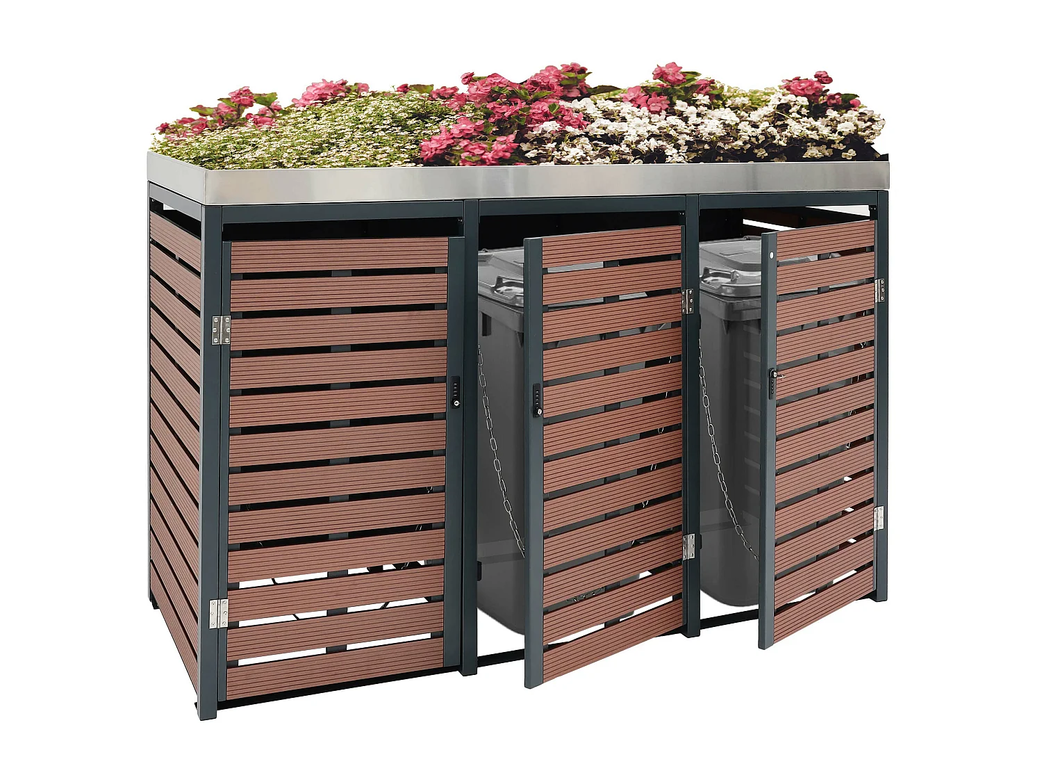 3x copribidoni box spazzatura rifiuti con fioriera MCW-K14 84x200x124cm metallo WPC marrone