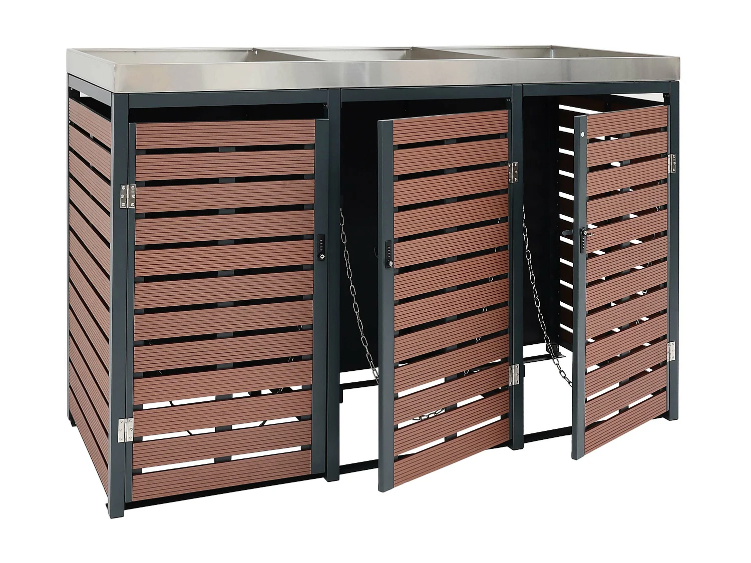3x copribidoni box spazzatura rifiuti con fioriera MCW-K14 84x200x124cm metallo WPC marrone
