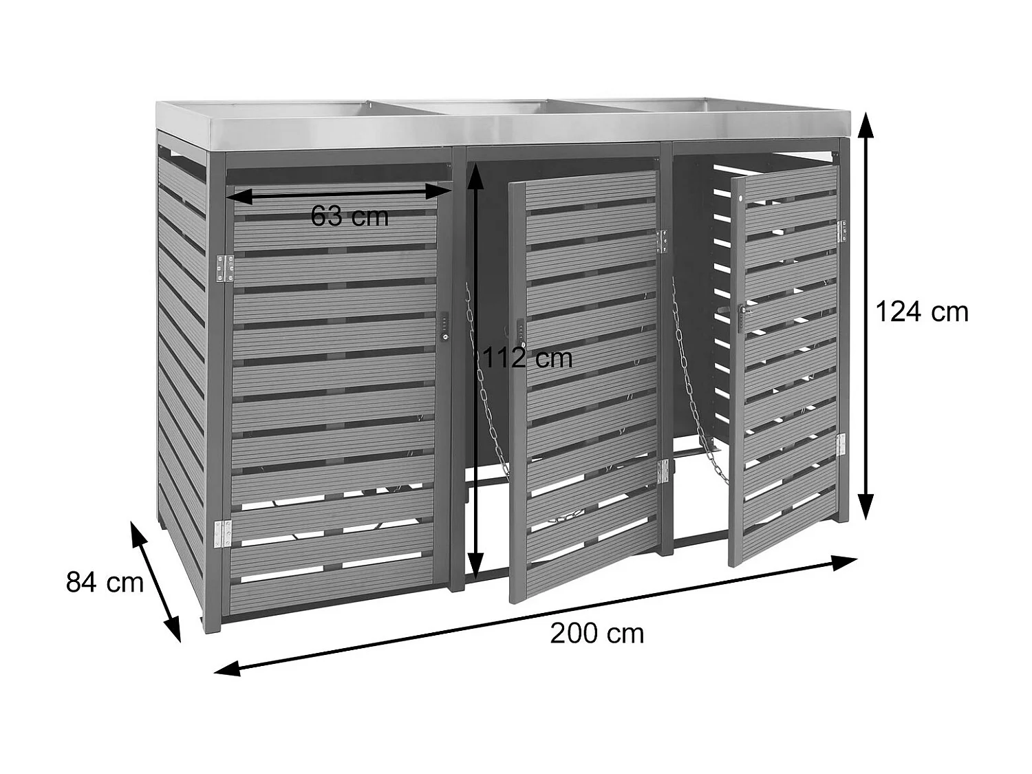 3x copribidoni box spazzatura rifiuti con fioriera MCW-K14 84x200x124cm metallo WPC marrone
